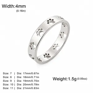 Size chart for stainless steel 18K gold hollow cat paw ring from US size 7 to 11