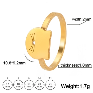 18K gold plated stainless steel hollow cat ring with size guide and dimensions