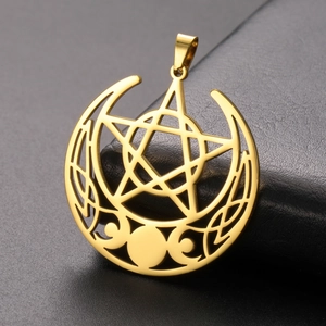 Detailed view of a gold triple moon goddess pendant with pentagram on black leather