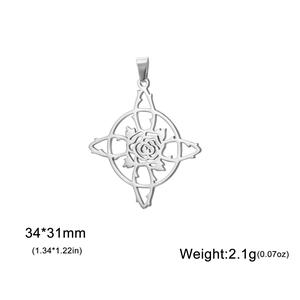 Detailed view of silver rose pendant with compass frame showing 34x31mm dimensions