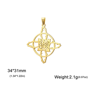 Golden stainless steel rose pendant with thorn ring detail, size 34x31mm and 2.1g weight