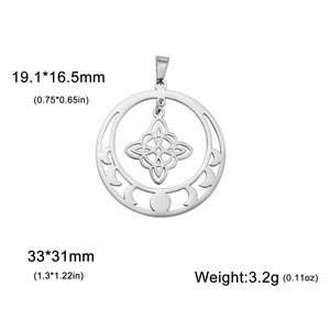 Detailed view of silver Wicca knot pendant with lunar phases and 33x31mm dimensions