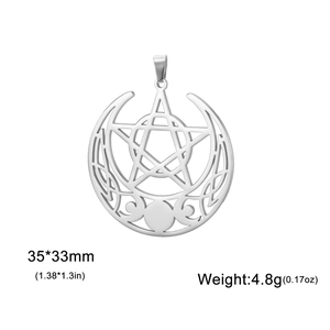 Detailed view of silver Wicca knot pendant with triple moon and pentagram, 35x33mm size