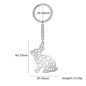 Dimensions détaillées du porte-clés lapin géométrique évidé en argent poli brillant