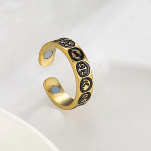 Verstellbarer goldener Edelstahlring mit Sternzeichen, schwarzer Emaille und Magnettherapie