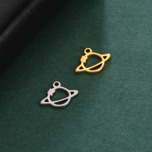 Detailed view of Saturn planet charms in polished gold and silver for jewelry making