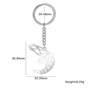 Porte-clés avec pendentif creux en forme de crevette géométrique en acier inoxydable