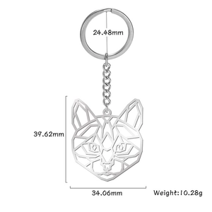 Porte-clés tête de chat en acier inoxydable au design géométrique avec dimensions précises