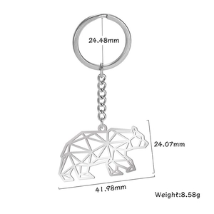 Minimalist geometric bear keychain in stainless steel with 24mm ring and 41mm pendant