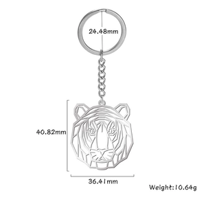 Porte-clés tête de tigre en acier inoxydable poli avec dimensions et détails