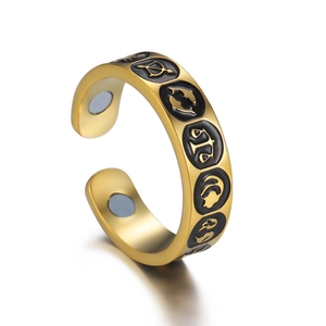 Detailansicht goldener Tierkreisring mit schwarzem Emaille und internen Magnetsteinen