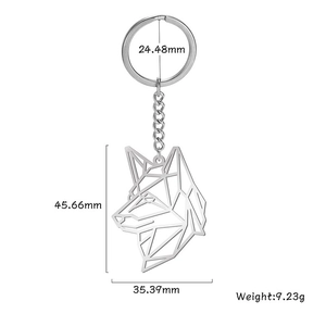 Porte-clés tête de loup géométrique en acier inoxydable poli avec anneau et courte chaîne