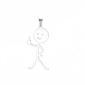 Gepolijste zilveren stickman hanger die middelvinger gebaar toont op witte achtergrond