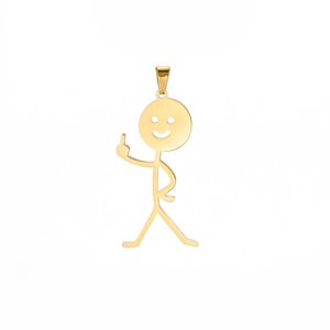 Gepolijste gouden stick figure hanger met middelvingergebaar en lachend gezichtje