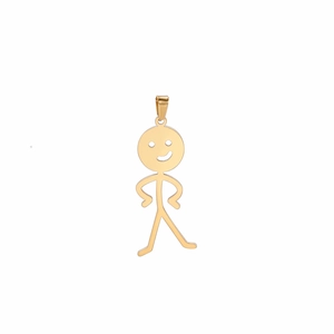 Detail van de gouden holle stickman-hanger met een lachend gezicht en gepolijst metaal