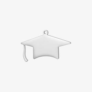 Detailed view of polished 18K gold stainless steel graduation cap charm with loop