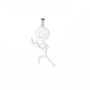 Detailweergave van een zilveren stickman hanger met grappig middelvinger gebaar