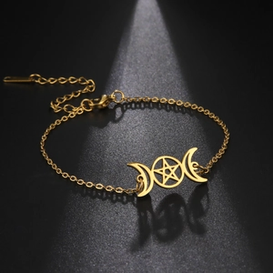 Pulsera de acero inoxidable dorada con luna triple y pentagrama, cadena ajustable y elegante