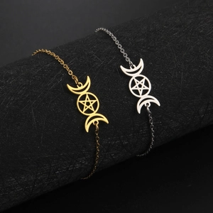 Tobillera de Pentagrama Triple Luna de Acero de Titanio Wicca Diosa Estrella Luna Pulsera de Tobillo para Mujeres Niñas Verano Playa Joyería