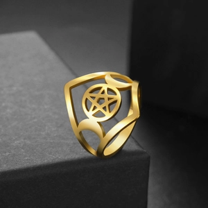Gold stainless steel pentagram ring with triple moon goddess design in a gothic style