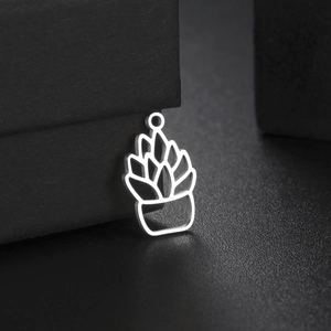 Silver hollow succulent plant pendant in minimalist stainless steel for DIY jewelry crafts