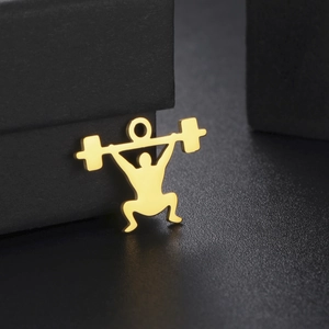 Polished 18K gold-plated stainless steel weightlifter pendant for necklaces and jewelry