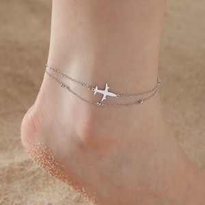 Minimalistisches Edelstahl Flugzeug Anhänger Fußkettchen Armband Für Damen 18K Vergoldet Doppelschichtige Kette Strand Schmuck