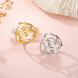 Minimalist stainless steel pentagram star rings in polished gold and silver finishes