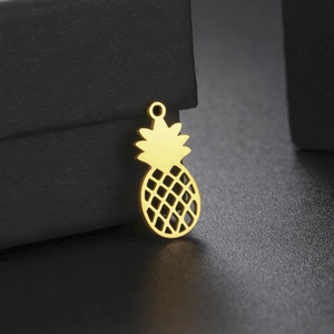 Golden hollow pineapple pendant in stainless steel with textured grid detail