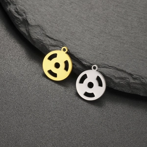 Polished stainless steel barbell plate pendants in gold and silver for DIY jewelry