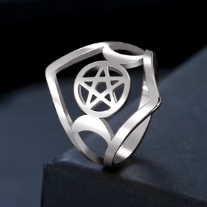 Gothic stainless steel pentagram ring with side crescent moons in silver finish