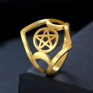 Golden stainless steel pentagram ring with side moon phases and hollowed occult design
