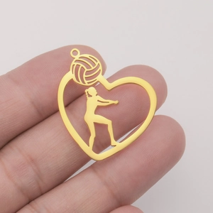 18K gold plated stainless steel heart pendant with volleyball player silhouette design
