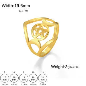 Size chart for stainless steel pentagram ring showing diameters from size 7 to 11