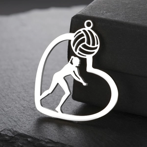 Polished stainless steel volleyball player silhouette pendant in heart shape with 18K gold