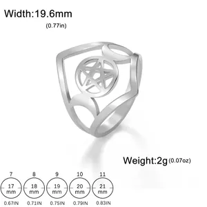 Stainless steel ring with pentagram and moon phase design including detailed size chart