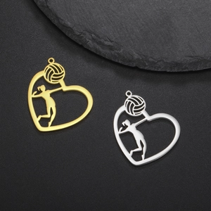 Hollow Stainless Steel Volleyball Heart Pendant Sports Jewelry DIY Necklace Accessory Gold Silver Volleyball Player Silhouette