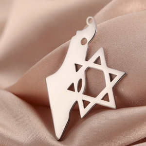 Pendentif poli carte d'Israël en acier inoxydable avec étoile de David sur soie rose