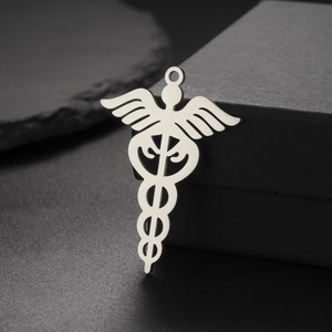 Colgante Caduceo médico de acero inoxidable plateado con dos serpientes y alas