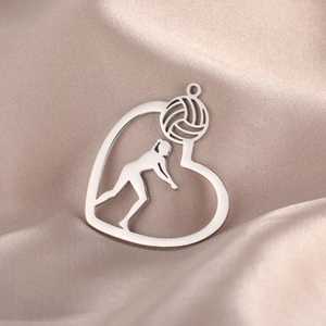 Silver volleyball player silhouette heart pendant in stainless steel with satin background