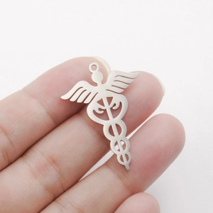 Colgante médico Caduceo de acero inoxidable con serpientes y alas para collares de bricolaje