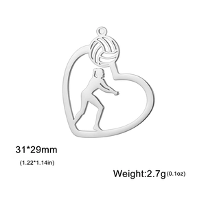 Detail of heart-shaped volleyball player pendant in silver finish with size dimensions