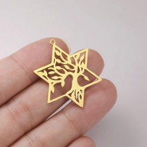 Golden titanium steel Tree of Life pendant held by fingers to show actual size