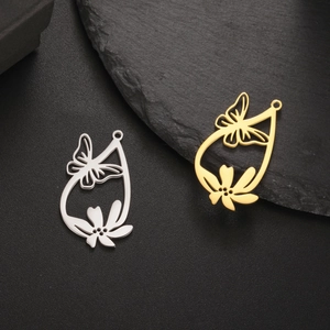 Hollow butterfly and flower teardrop pendants in polished gold and silver steel finish