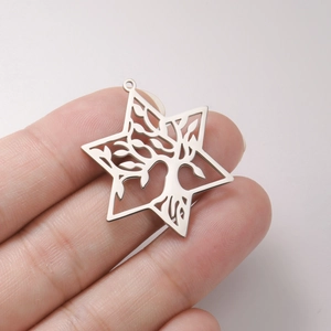 Macro detail of silver stainless steel hexagram pendant with intricate tree of life design