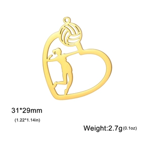 Golden volleyball heart pendant with female athlete silhouette in polished stainless steel