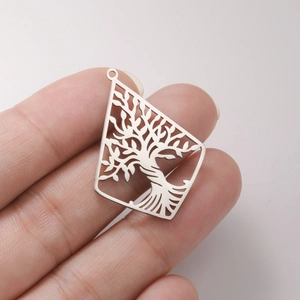 Polished stainless steel tree of life charm pendant with hollow geometric frame