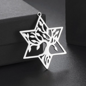 Detail of silver tree of life pendant inside a hexagram frame on a black jewelry box