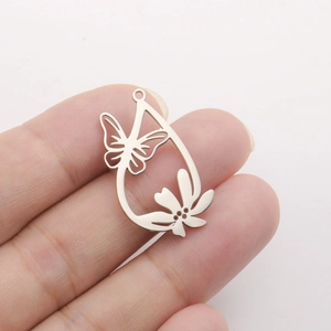 Polished stainless steel teardrop pendant featuring镂空butterfly and cherry blossom design