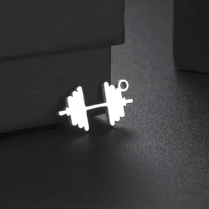 Polished stainless steel dumbbell pendant with a shiny metallic finish for fitness lovers